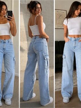 GAP Wide-Leg Cargo Jeans Light Blue High Rise Baggy Trendy